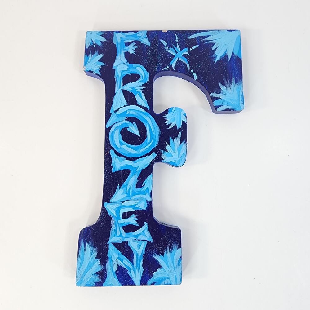 Custom Frozen Fan Art Hand Painted Wooden Letter F Ice Blue Navy
